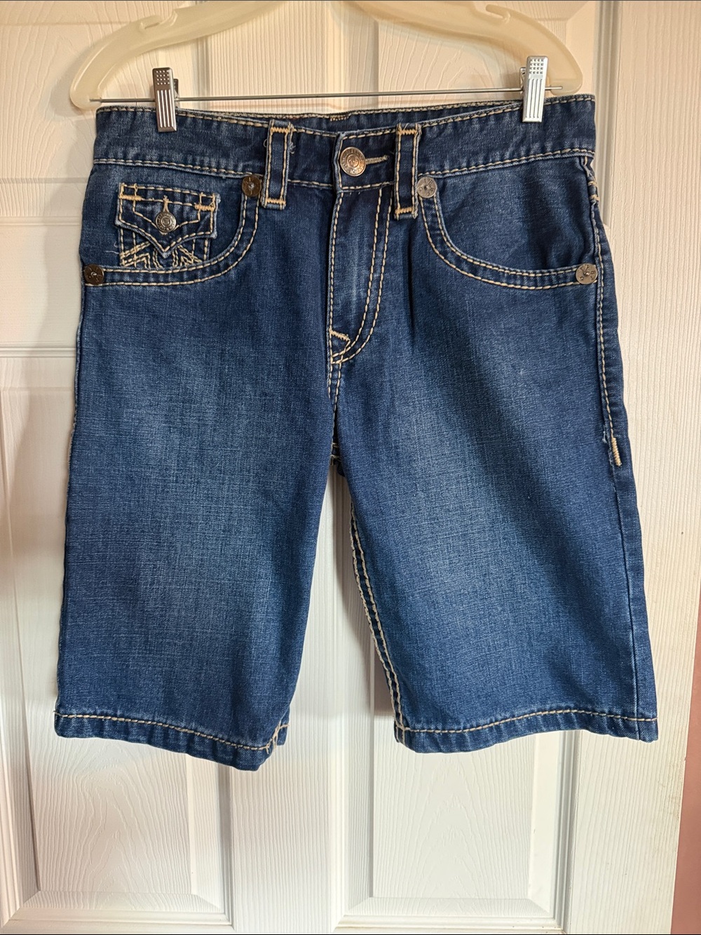 True Religion Blue Denim Men's Jean Shorts with Contrast Stitching